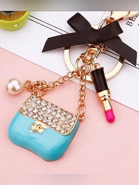 Gold Tone Sky Blue Enamel Handbag Keychain Rhinestone Pearl Bag Charm NEW